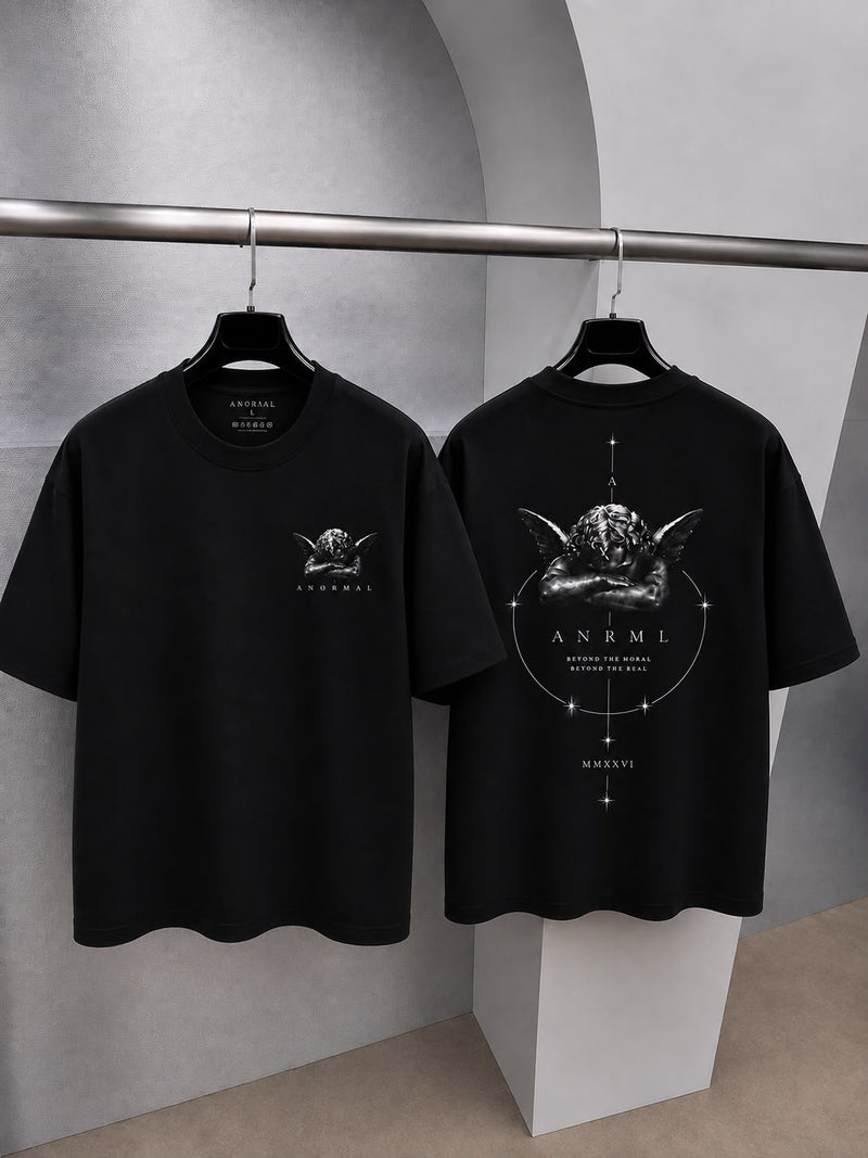 FALLEN ANGEL — playera oversize negra, frente y espalda