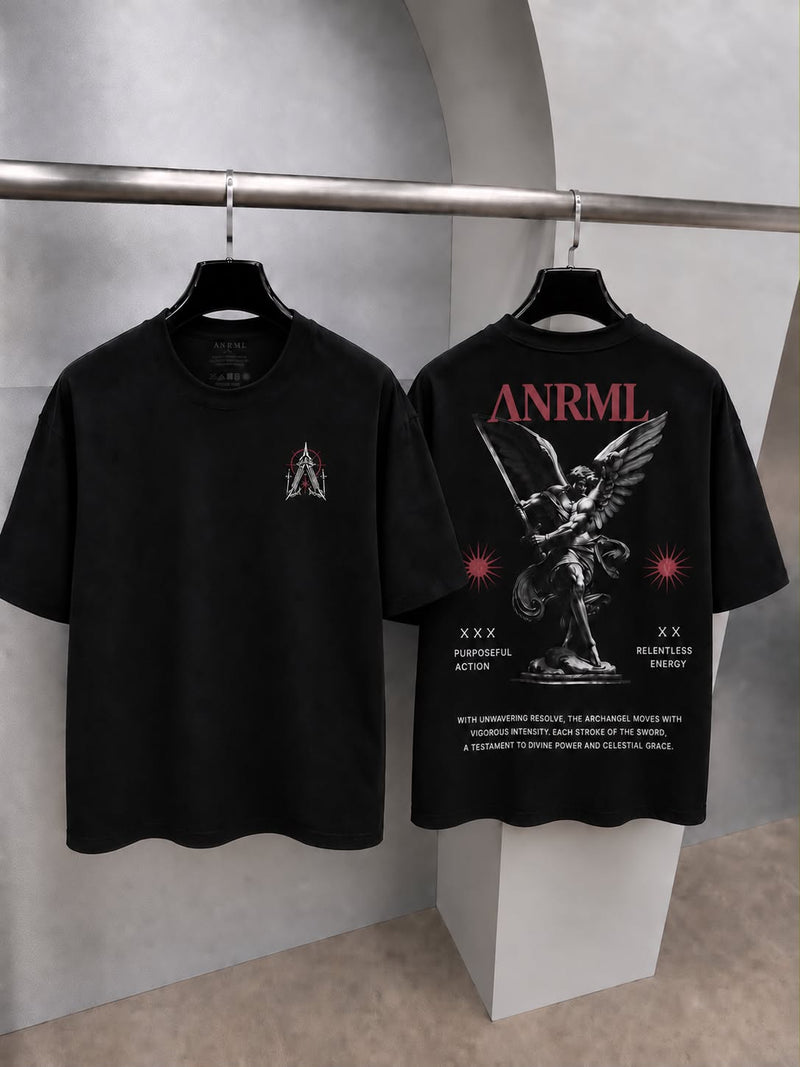 FORGED IN PURPOSE — playera oversize negra, frente y espalda