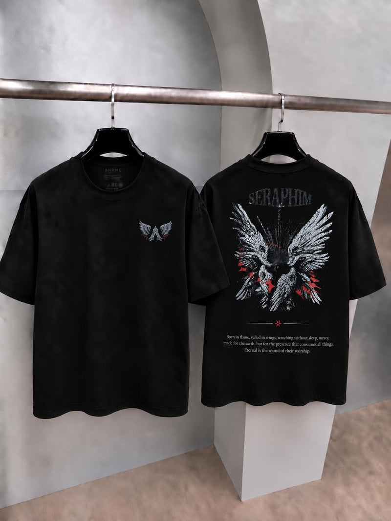 SERAPHIM — playera oversize negra, frente y espalda