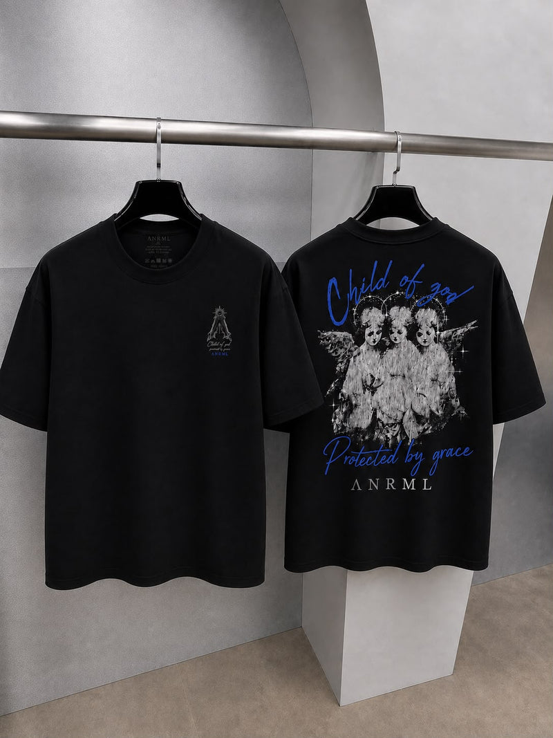 CHILD OF GOD — playera oversize negra, frente y espalda